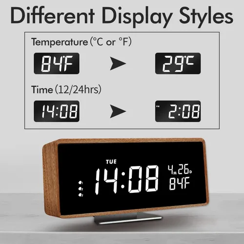 Vista 4 de Reloj despertador digital de madera con altavoz Bluetooth, fecha de temperatura, relojes digitales eléctricos inteligentes, relojes de noche con luz