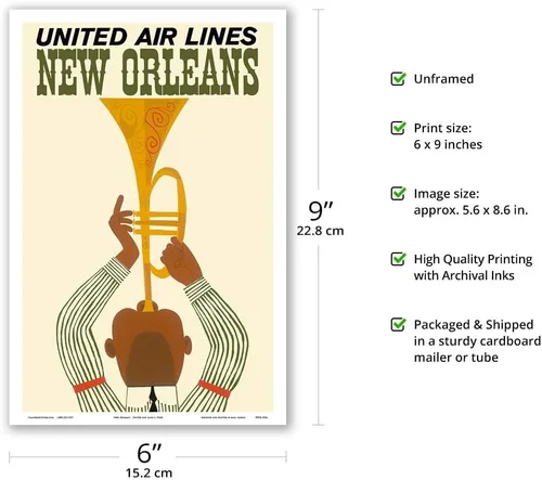 Vista 2 de New Orleans - Jazz Trumpet Player - United Air Lines - Vintage Airline Travel Poster c.1960s - Master Art Print (Unframed) 6in x 9in