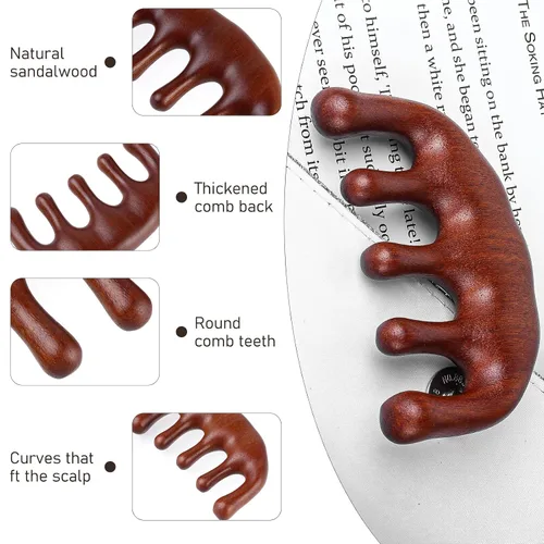 Vista 5 de Amaxiu Peine de masaje de cabeza de sándalo, estimulador de cuero cabelludo de dientes anchos, peine Gua Sha para hombres y mujeres (estilo A)