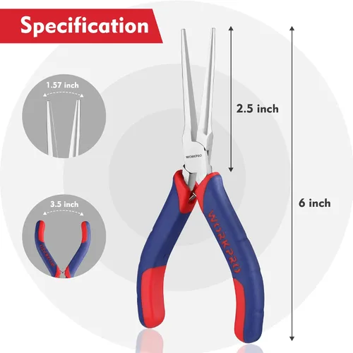 Vista 3 de WORKPRO Alicates de punta de aguja de 6 pulgadas (mandíbula suave), mini alicates de punta larga con asas de agarre cómodo, alicates de joyería