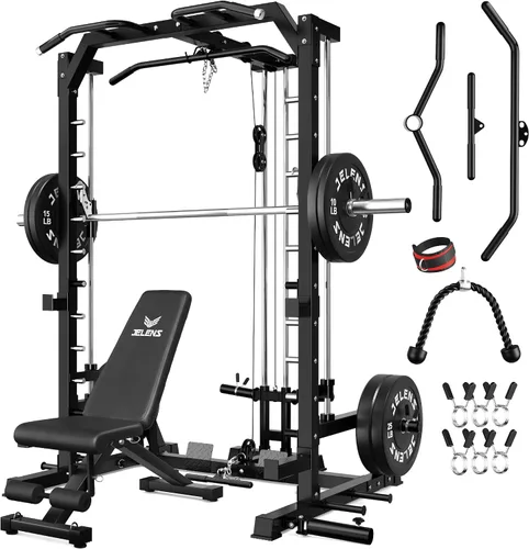 Vista 12 de JELENS SR01 Smith Machine, jaula de potencia multifunción de 2000 libras con sistema de extracción LAT, estante para sentadillas todo en uno