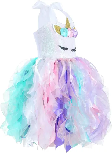 Vista 8 de Wish Care Disfraz de unicornio para niñas de 3 a 10 años, vestido de tutú de unicornio con lentejuelas y arco iris, disfraz de fiesta de cumpleaños