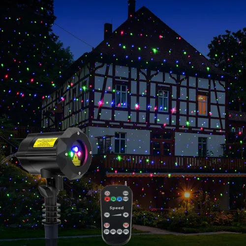 Vista 2 de Luces de Jardín al Aire Libre, Proyector de Luz Láser Navideño Estrella en Movimiento (Azul Rojo Verde)