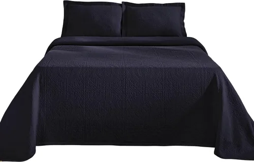 Vista 4 de Superior Fleur De Lis - Juego de colcha de algodón de 3 piezas, decoración de cama para el hogar, colcha decorativa con textura, 2 fundas de Azul