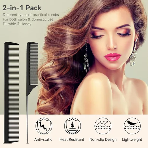 Vista 2 de Peine profesional para peluquería de dientes finos y anchos, de fibra de carbono, resistente al calor, con cola de acero inoxidable, para trenzar