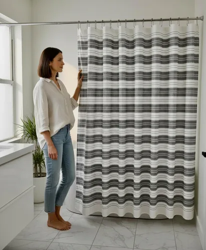 Vista 2 de Serafina Home Cortina de ducha de tela blanca y negra a rayas náuticas: hotel de lujo 100% algodón con tejido decorativo detallado para baño 70 "x