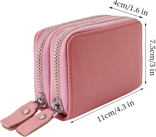 Vista 3 de Cartera de cuero para mujer, con doble tarjeta, tarjetero con cremallera, múltiples compartimentos, bloqueo RFID C-W-1, Rosado, Talla única