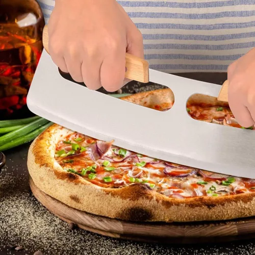 Vista 4 de Cortador de pizza, cortador de pizza, cuchillo de pizza de 14 pulgadas con asas de madera y cubierta de plástico, accesorios para pizza, cuchillo
