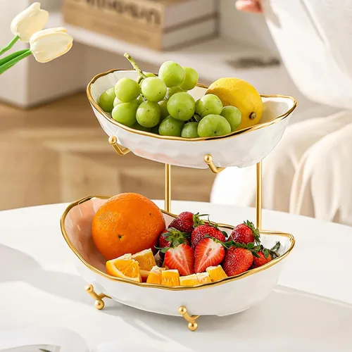 Vista 3 de Frutero para encimera de cocina, cesta de frutas de cerámica de dos niveles, soporte para frutas y verduras frescas, bandejas modernas para servir