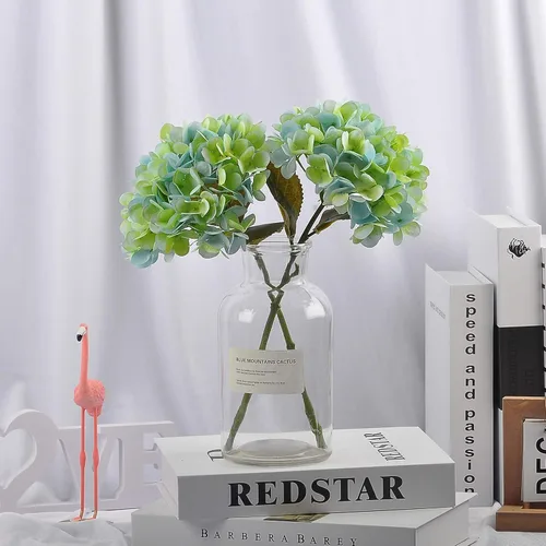 Vista 4 de Flores artificiales de hortensia, 6 ramos de hortensia de 14 pulgadas para bodas, bricolaje, decoración del hogar, centros de mesa (azul verde)