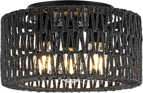 Vista 12 de Rpzloila Lámpara de Techo de Ratán, Accesorio de Luz Bohemia Dorada, Lámpara de Techo Cuadrada de Montaje Empotrado para Dormitorio, Pasillo