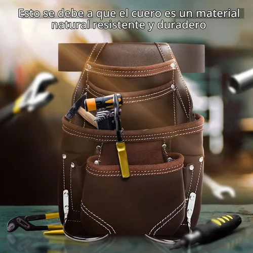 Vista 8 de Genuine Leather Tool Pouch Bag with 2'' Work Belt Included for Handyman, Construction, Carpenter, Farmers with 10 Pockets 2 Hammer Holders