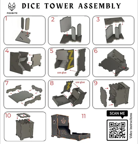 Vista 9 de FOXBITE Torre de dados para Dungeons and Dragons Tower con bandeja de madera grabada con láser DND portátil y plegable, rodillo de dados perfecto