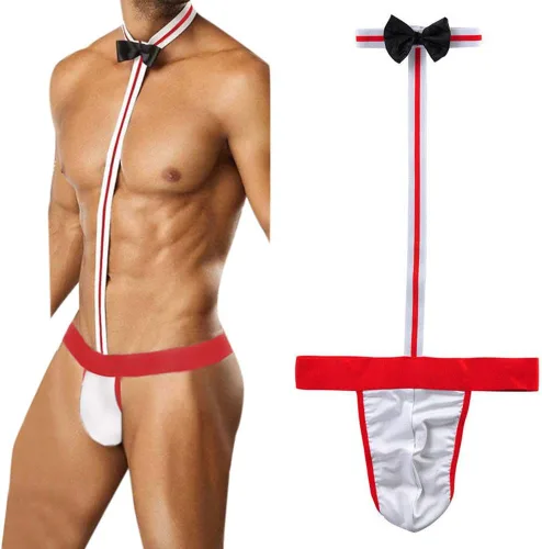 Vista 2 de Novedad tanga de camarero Mankini sexy disfraz de lencería ropa interior para hombre fácil de usar para mujeres para sexo (rojo, talla única)