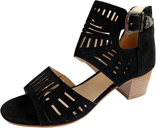 Vista 4 de AIHOU Sandalias de mujer Peep Toe Chunky Tacón Plataforma Sandalias Casual Verano Plana Cuña Corte Hebilla Sandalias para Mujer