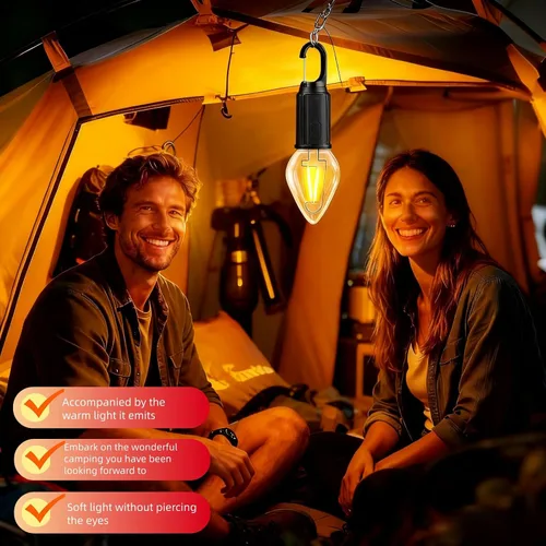 Vista 5 de Linterna LED portátil para campamento, gancho para colgar en cualquier lugar, recargable USB-C, 3 modos de brillo, resistente al agua