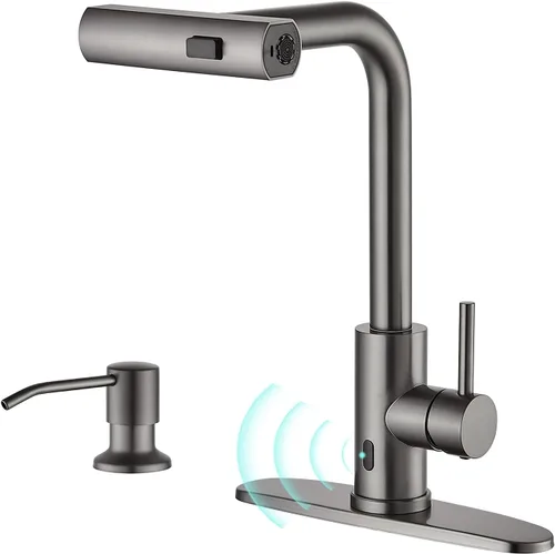 Vista 10 de AVSIILE Grifos de cocina en cascada de color negro mate con rociador desplegable y dispensador de jabón, un solo orificio y mango, grifo extraíble