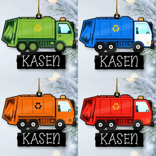Vista 10 de Adorno de árbol de Navidad con nombre personalizado de madera para camión volquete, camión de transporte, equipo pesado, minicargadora, adorno