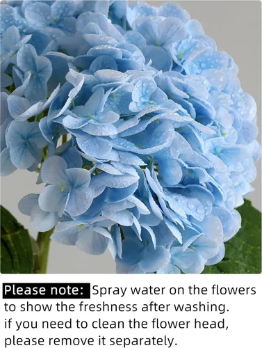 Vista 3 de 4 hortensias artificiales de 21 pulgadas de color azul sintético, flores de hortensias de seda de tacto real con tallos para novia, boda, fiesta