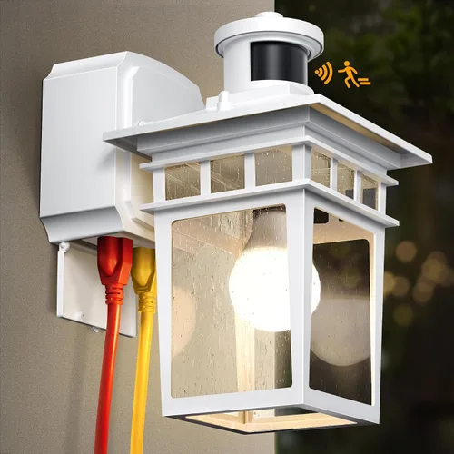 Vista 10 de Luces de Porche Exteriores con Sensor de Movimiento con Toma GFCI, 3 Modos de Luminaria Exterior del Anochecer al Amanecer, Luminaria de Iluminación