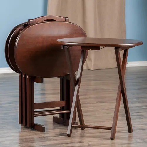 Vista 3 de Ergode Juego de mesa de madera de 5 piezas, elegantes mesas plegables, base duradera con marco en X, práctico soporte vertical, fácil montaje