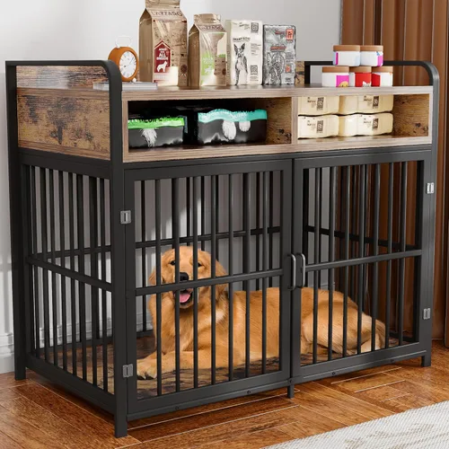 Vista 9 de Muebles de jaula para perros pequeños, perrera de interior, mesa de madera para perros con cajones de almacenamiento, jaula resistente para perros