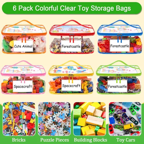 Vista 11 de Paquete de 6 bolsas de almacenamiento transparentes para juguetes, con bolsillo manual para etiqueta de nombre, funda organizadora de juguetes