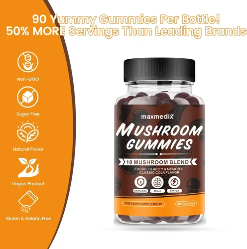 Vista 5 de maxmedix Gomitas de hongos - Suplemento de hongos 10 veces con Ashwagandha y melena de león, refuerzo del cerebro, apoyo inmunológico, energía