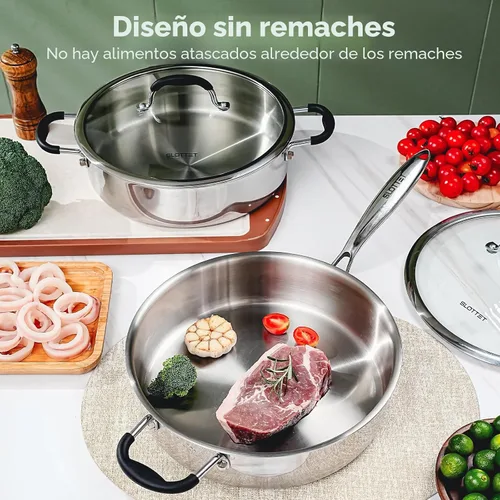 Vista 2 de SLOTTET Sartén de acero inoxidable de tres capas con tapa, sartén profunda de 5 cuartos de galón con cómodo mango de silicona, sartén de 11.5