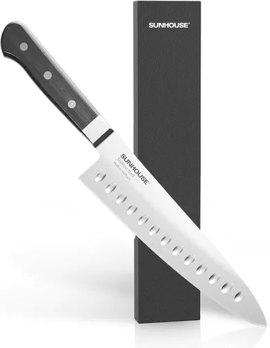 Vista 8 de Cuchillo Santoku Sunhouse de 7 pulgadas, acero inoxidable AUS-8 – Dureza superior de 59HRC, espiga completa, mango ergonómico, regalos perfectos