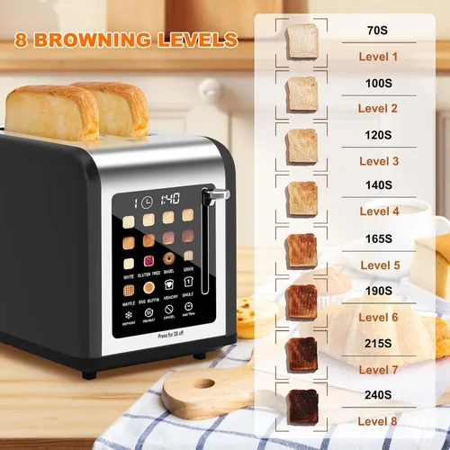 Vista 4 de Tostadora de 2 rebanadas con pantalla táctil, tostadoras de acero inoxidable con temporizador digital, tostadoras de 2 ranuras, 8 ajustes de sombra