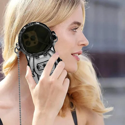 Vista 7 de Funda de astronauta compatible con iPhone 14 Pro Max con soporte, espejo, correa de hombro con cordón, espejo de papel con purpurina desmontable