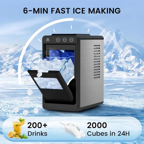 Vista 2 de COWSAR Encimera para hacer hielo, máquina de hielo portátil con autolimpieza, 26 libras/24 horas, 8 balas de hielo en 6 minutos con 2 tamaños