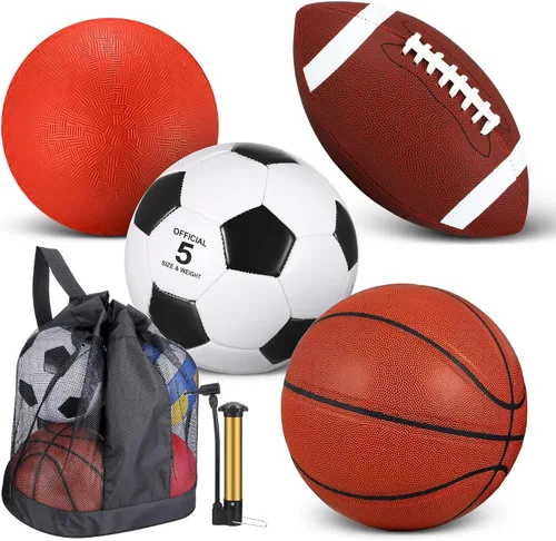 Vista 7 de Lenwen Juego de 4 pelotas deportivas, incluye tamaño oficial de baloncesto, fútbol, fútbol, parque infantil, bolsa de equipamiento