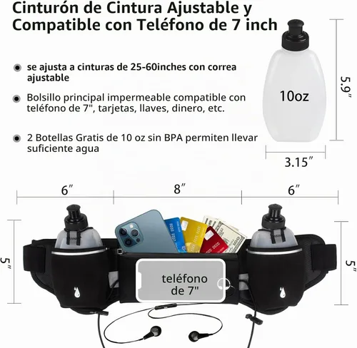 Vista 3 de PYFK Cinturón para correr con botellas de agua, cinturón de hidratación para hombres y mujeres, soporte para botella de agua, bolsa para correr Negro