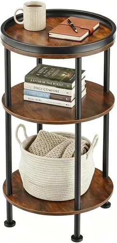 Vista 16 de Mesa auxiliar redonda pequeña con estación de carga para espacios pequeños, mesa decorativa de 3 niveles con puertos USB y tomas de corriente, mesa