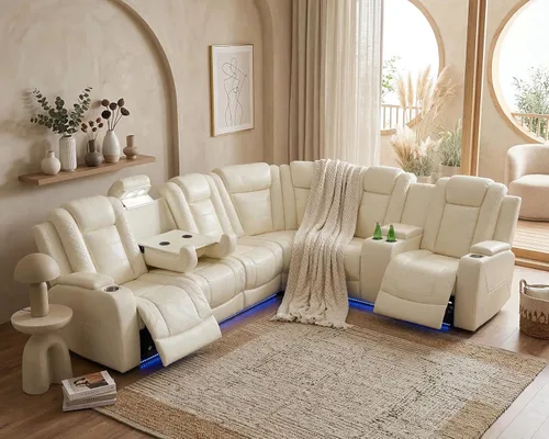 Vista 12 de Sofá seccional de cuero transpirable con sillón reclinable de doble potencia, sofá reclinable en forma de L de 6 plazas para sala de estar, sofá