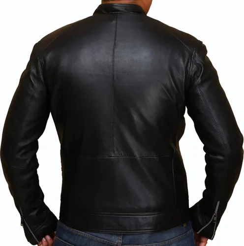 Vista 3 de Chaqueta de piel de cordero para hombre Cafe Racer Biker