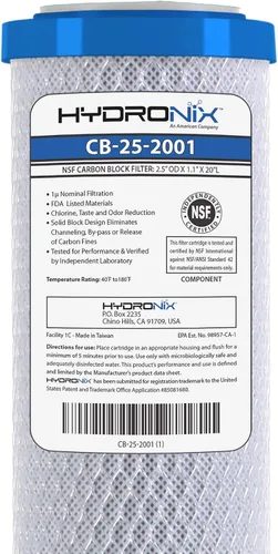 Vista 4 de Hydronix CB-25-2001 NSF Filtro de agua de bloque de carbón activado con coco, 2.5" x 20" - 1 micrón
