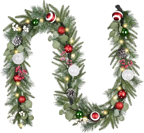 Vista 8 de Valery Madelyn - Guirnalda de Navidad de 1.8 m preiluminada con luces para manto, guirnalda navideña iluminada para exteriores con bolas rojas
