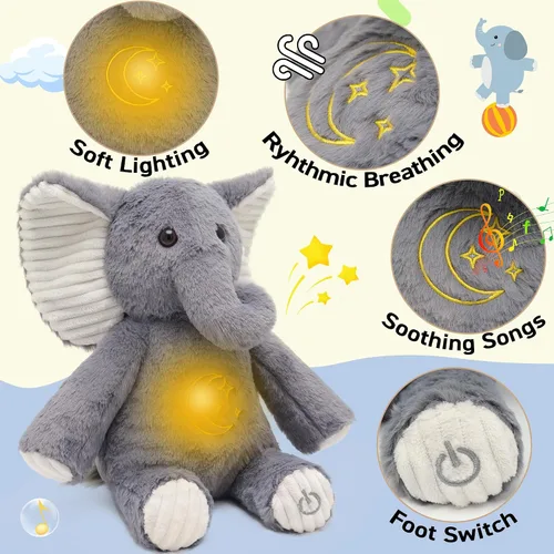 Vista 2 de IUTOYYE Elefante de peluche que respira con luz y sonido, juguete de elefante relajante, muñeco de peluche para niños