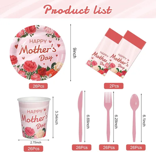 Vista 4 de Childom Decoraciones del Día de la Madre para fiestas, 132 platos desechables para el Día de la Madre, mantel, tazas, cuchillos, cucharas, tenedores