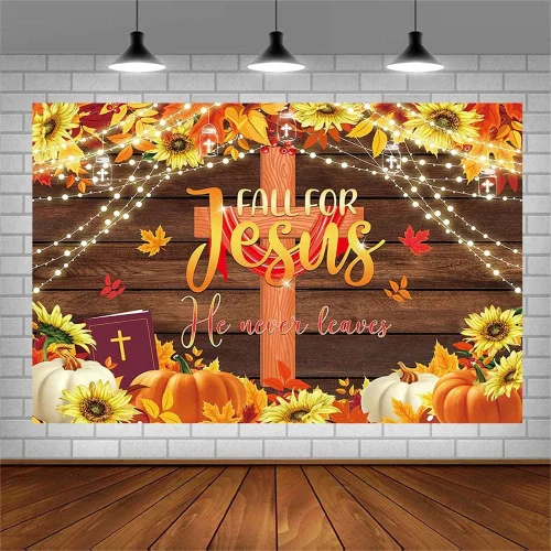 Vista 3 de AIBIIN Fondo de otoño de 7 x 5 pies, decoración de fiesta de Acción de Gracias, religión cristiana, fondo de poliéster, pancarta de calabaza