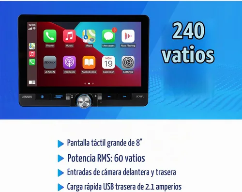 Vista 4 de Jensen J1CA8FL 8 pulgadas certificado Apple CarPlay Android Auto con cable o inalámbrico Pantalla táctil DIN simple y doble DIN Radio estéreo