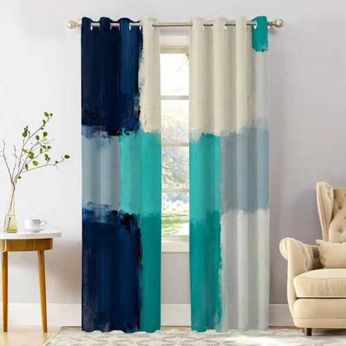 Vista 82 de Shrahala Beige and Orange Abstract Art Brushstrokes Blackout Curtain Tiers, Abstract Oil Paint Kitchen Valance Light Blocking Tier Drapes with Rod