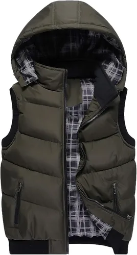 Vista 18 de WENKOMG1 Chaleco con capucha con doble cremallera para hombre, abrigo de color sólido, abrigo cálido y grueso, sin mangas, chaqueta suelta