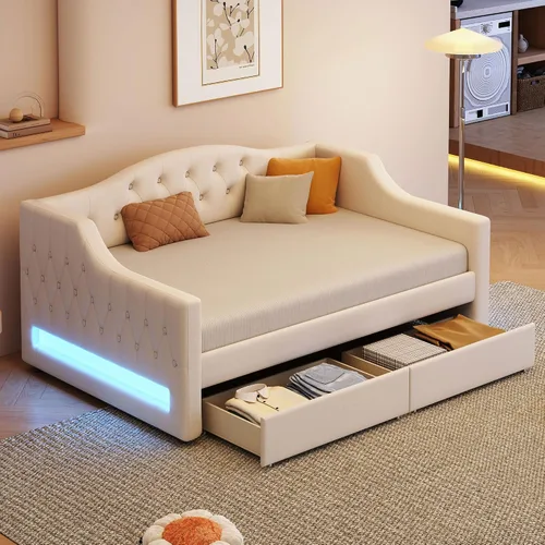 Vista 18 de Cama Diván Moderna Tamaño Twin XL con Cinturón LED y Cama Nido, Marco de Cama Plataforma de Madera con Cabecera Tapizada con Almacenamiento, Sofá