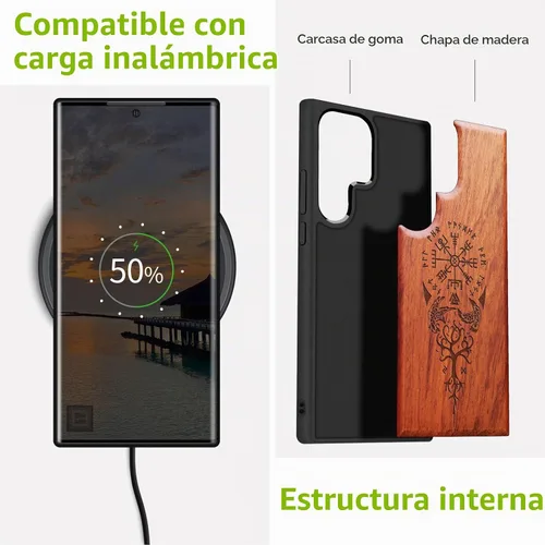 Vista 4 de Carveit Funda de madera para Galaxy S22 Ultra, brújula vikinga Rosewood-S22 Ultra