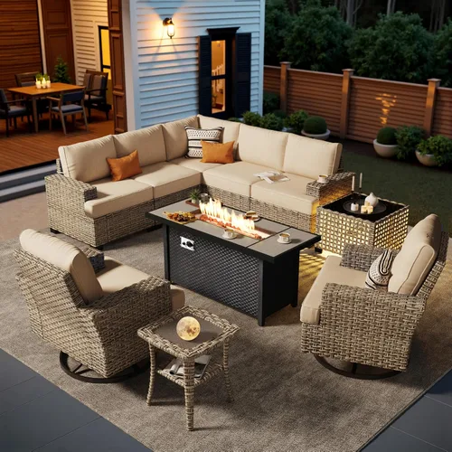 Vista 82 de HOOOWOOO Juego de muebles seccionales de patio con mesa de luz solar, 6 piezas de mimbre para exteriores, sofá en forma de L, juego de conversación