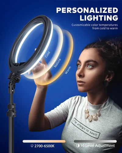 Vista 2 de Kaiess - Anillo de luz para selfie de 10.2 pulgadas con soporte de trípode ajustable de 65 pulgadas y soporte para teléfono para transmisión
